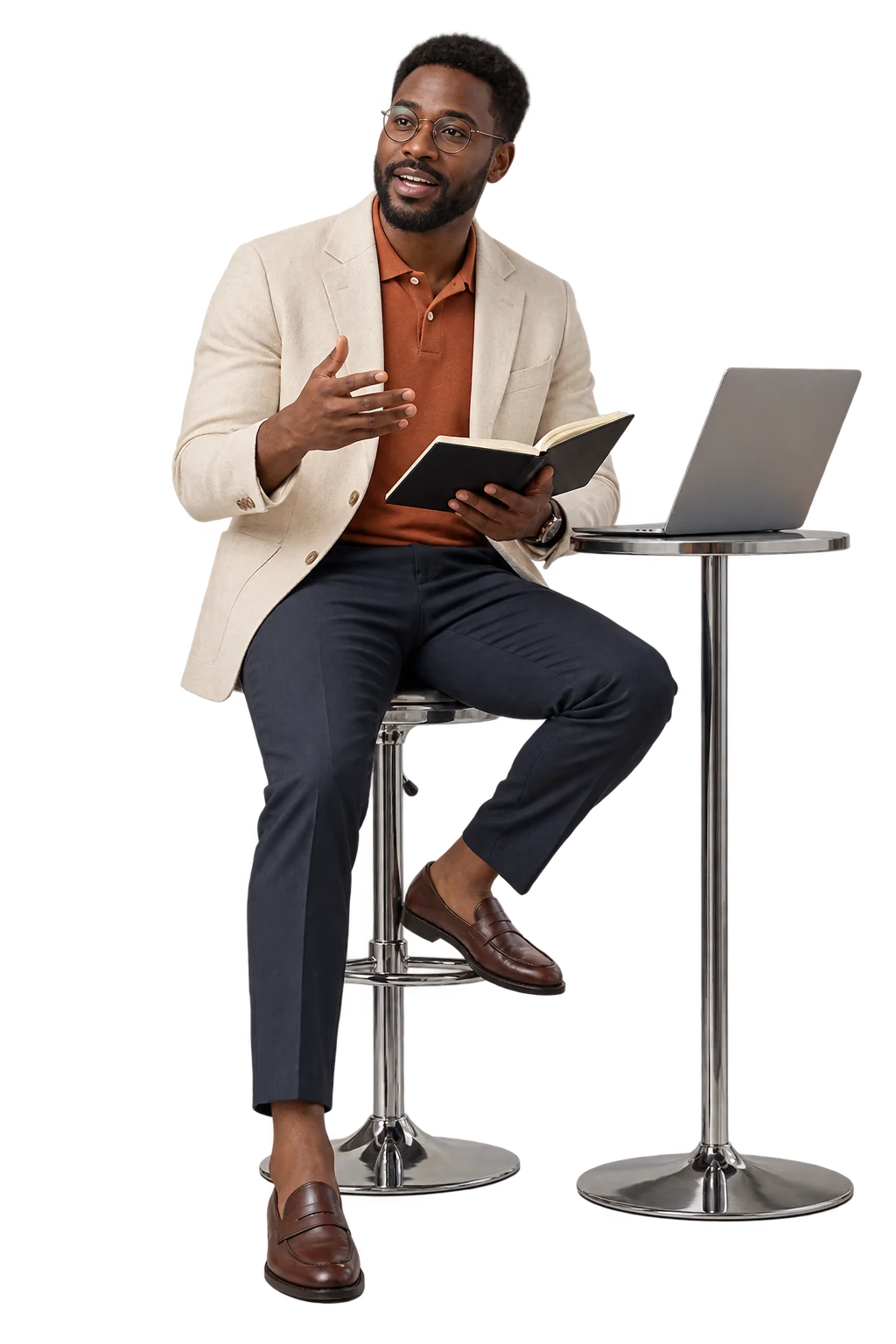 Formateur avec un carnet et un ordinateur, en pleine explication