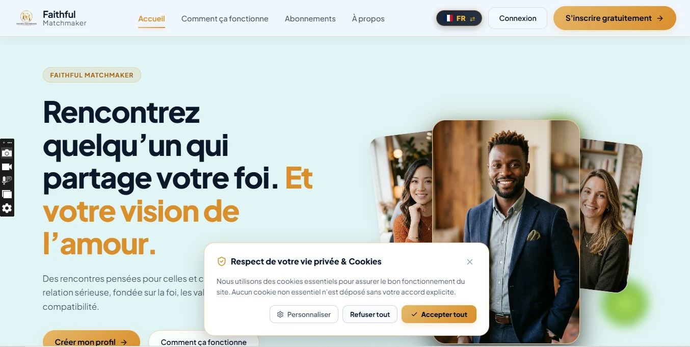 Capture de l’accueil Faithful Matchmaker présentant des rencontres fondées sur la foi