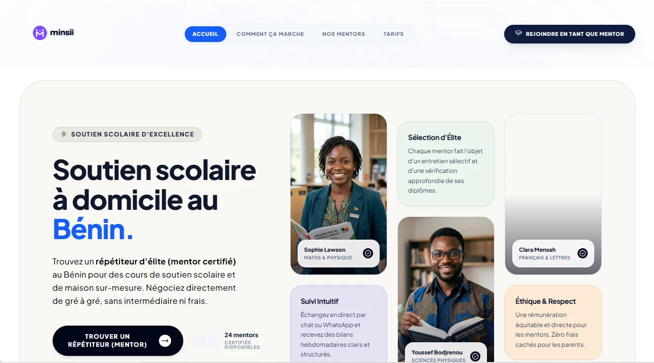 Capture de l’accueil MINSII présentant le soutien scolaire à domicile au Bénin